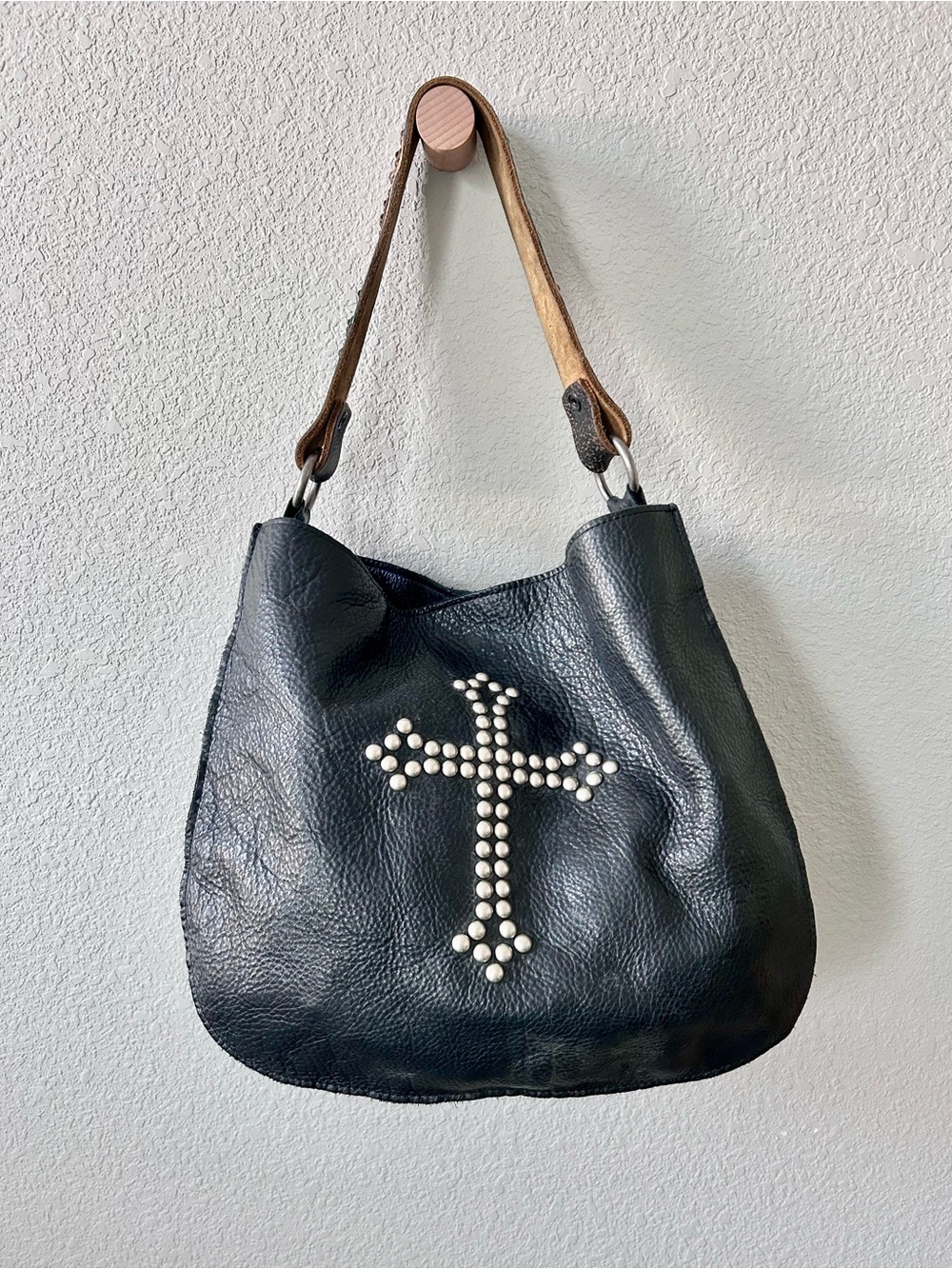 Two Bar West Black Leather Bag with Cross Studded Detail Western